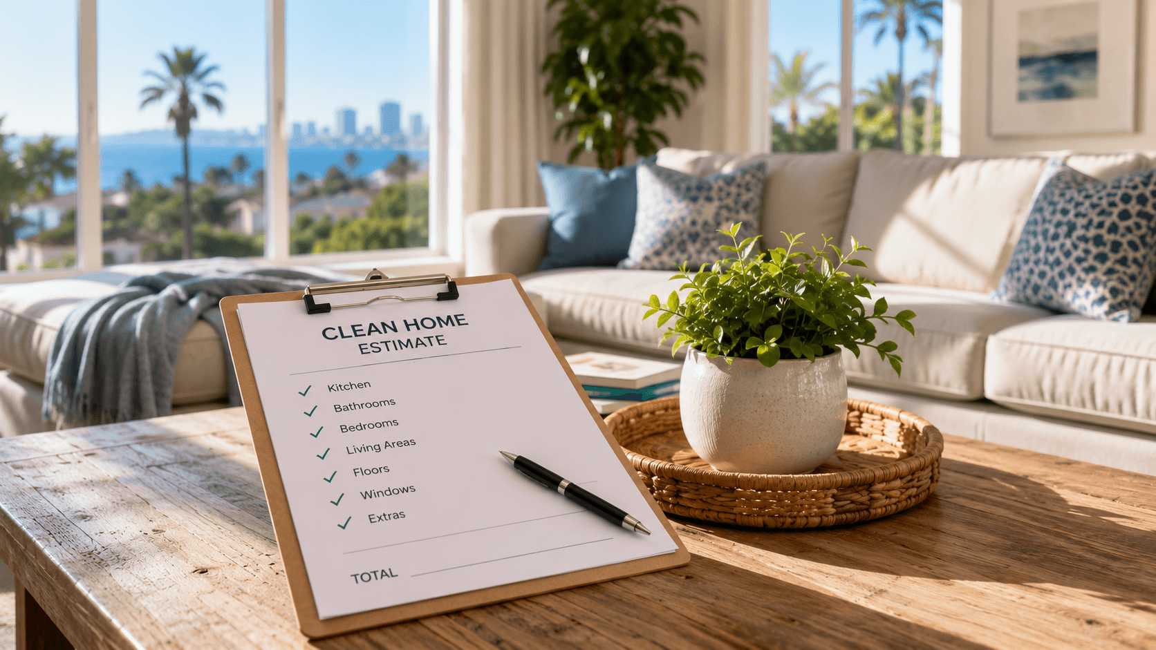 House cleaning cost estimate on a clipboard in a clean San Diego living room