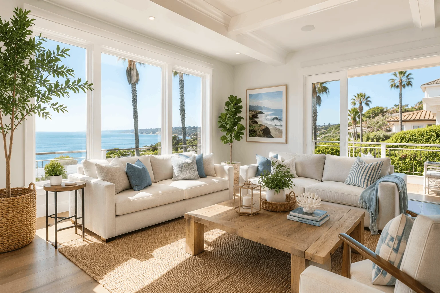 Bright clean coastal living room in a La Jolla San Diego home