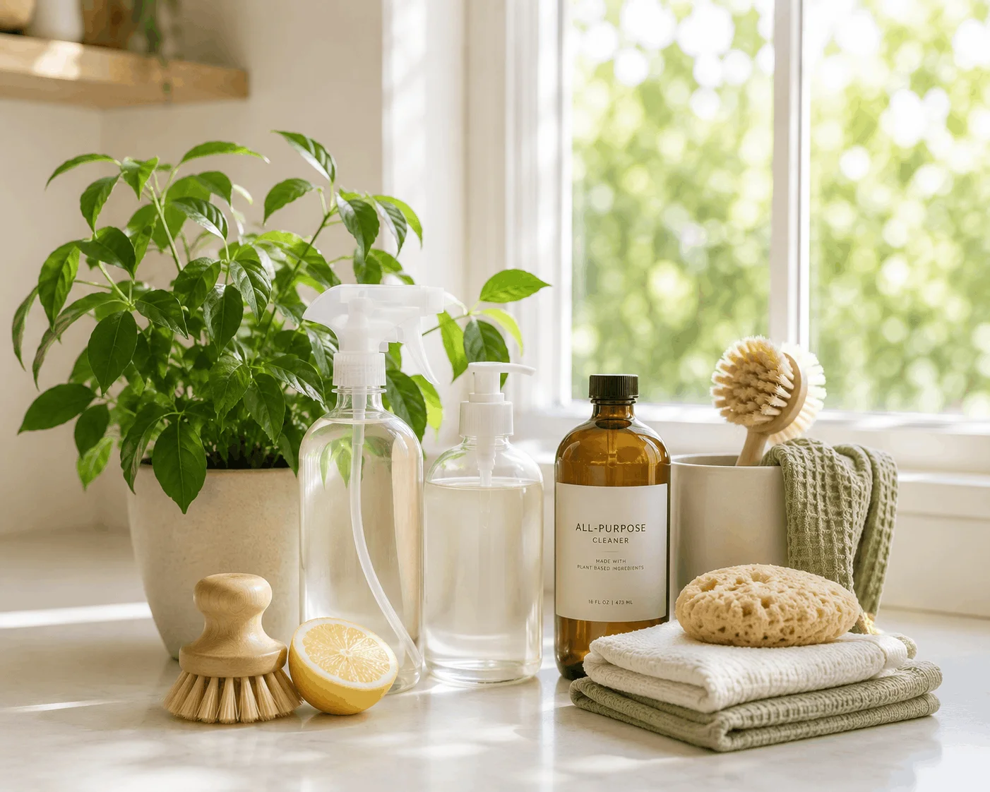 Natural non-toxic cleaning supplies next to a bright window in a San Diego home